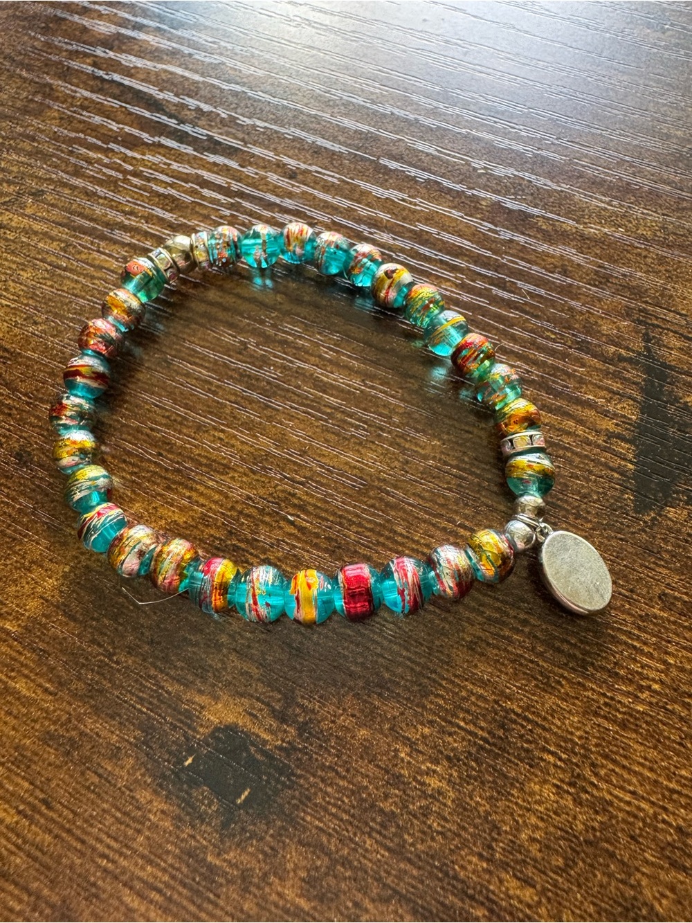 Multicolor Glass Bead Stretch Bracelet with Silver Charm